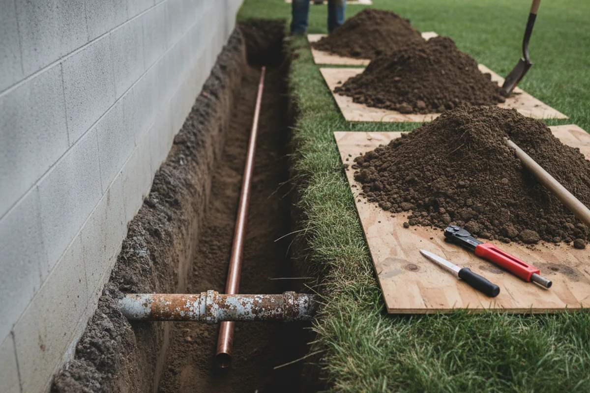 Excavated water line trench during Water Softener Installation in Grenada